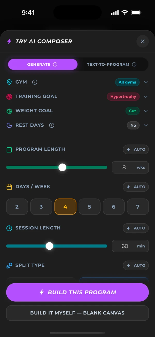 Building a program: gym, training goal, weight goal, program length, days per week and session length